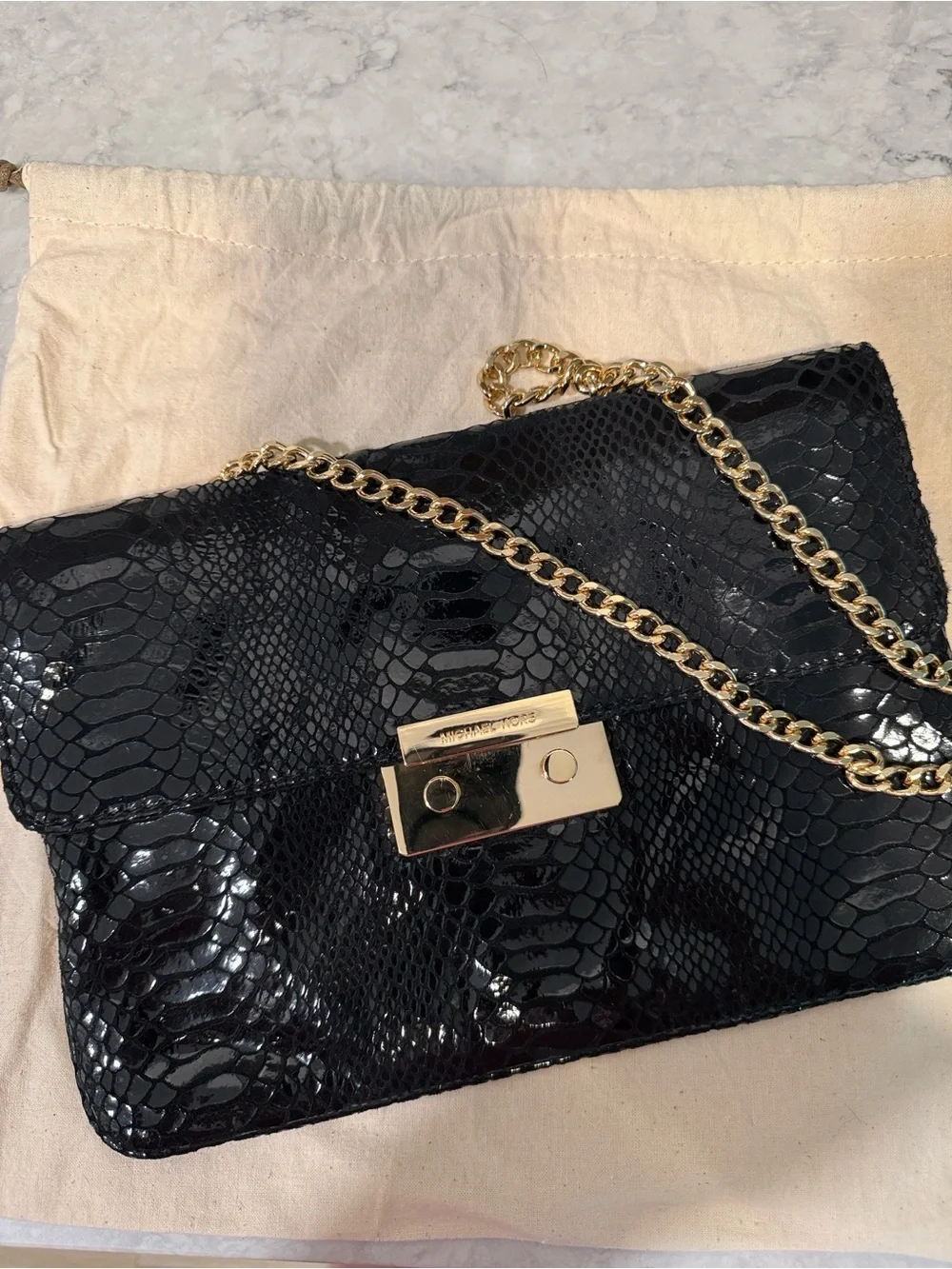 Michael Kors Sloan Python Embossed Suede Clutch with Gold Hardware